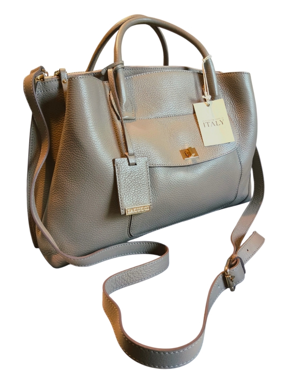 Iacucci Taupe Italian Leather Structure Satchel Tote with Strap and Dust Bag NWT - Picture 3 of 12